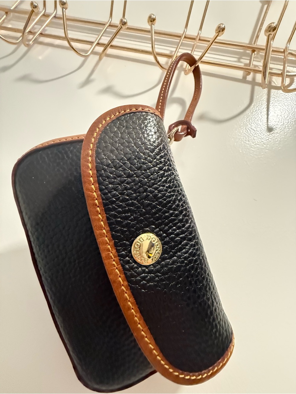 Dooney & Bourke Black Pebbled Leather Key Pouch with Brown Trim